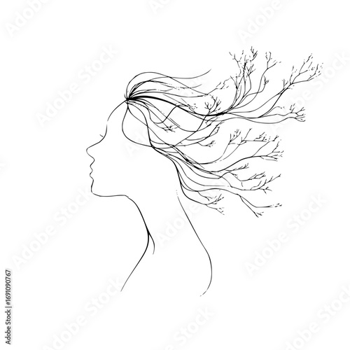 Silhouette of a woman's head with tree branches extending from her hair in a minimalist black and white style