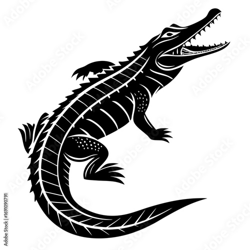 Stylized black silhouette of an alligator with open mouth