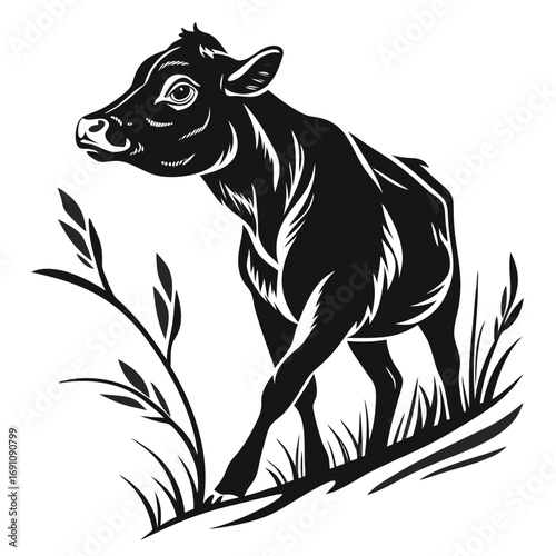 Black silhouette of a young cow walking through grass and plants