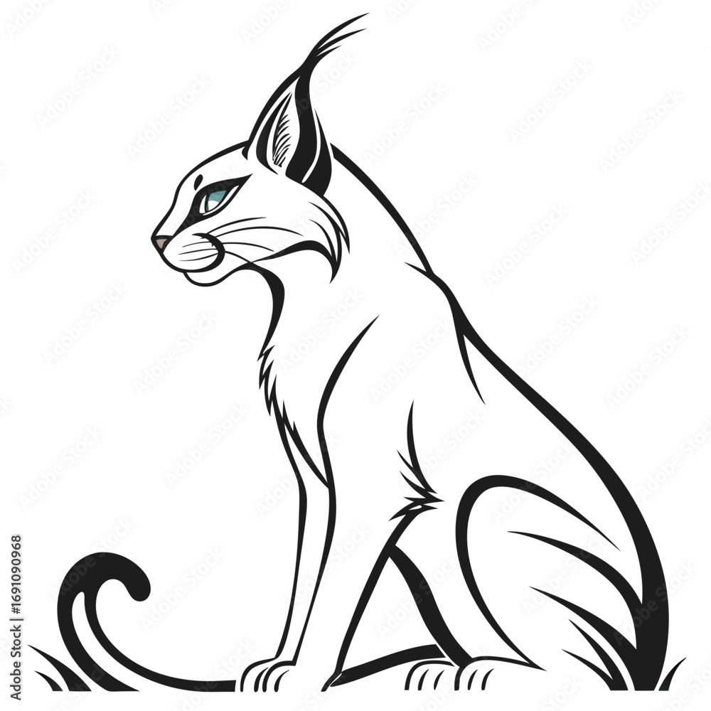 Fototapeta premium Stylized black and white lynx sitting in profile with blue eyes