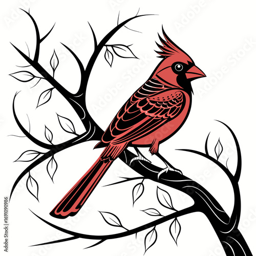 Stylized red cardinal perched on a black tree branch with leaves