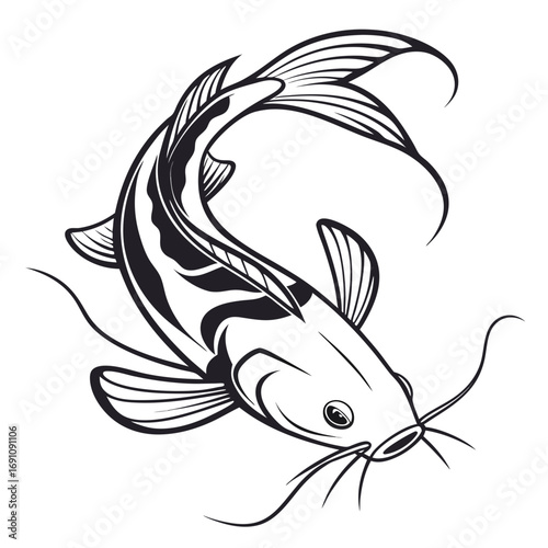 Stylized black and white koi fish swimming gracefully