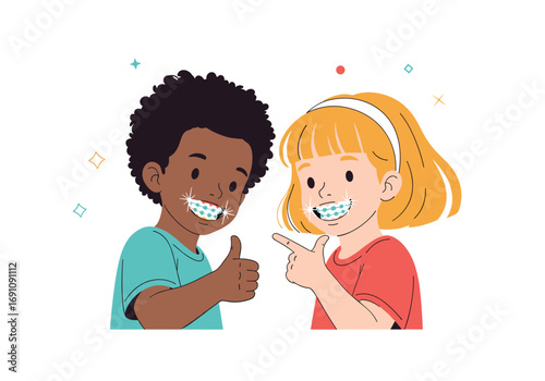 Happy children with braces showing thumbs up and pointing fingers celebrating healthy smiles