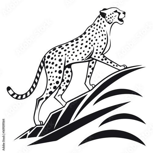 Stylized cheetah standing on rocky outcrop with open mouth