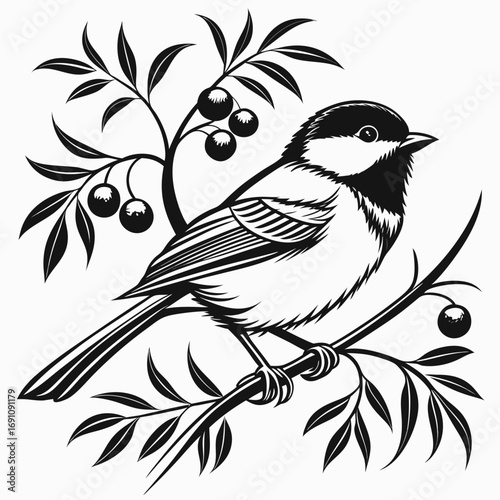 Stylized black and white illustration of a chickadee perched on a berry branch