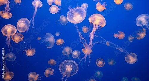 Image of super premium photo of a mesmerizing school of bioluminescent jellyfish gracefully floating and pulsing in the deep blue ocean water, creating an ethereal underwater spectacle