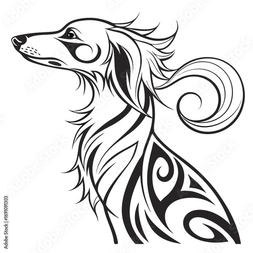 Stylized dog head and chest with tribal tattoo elements