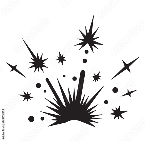 Dynamic black starburst explosion with scattered stars and decorative elements on white background