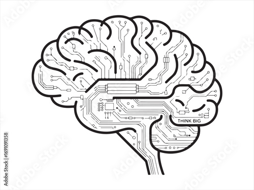 A black and white line art of a brain made of interconnected circuit patterns, symbolizing the fusion of technology and the human mind, perfect for AI, technology, and brainpower-related content.