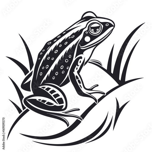 Stylized black and white frog sitting on grass in tribal art style