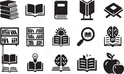 Education Icons Set | Books, Library, Learning, Knowledge, Study, Reading, Brain, School, Research, Ideas, Students, Teaching, Wisdom