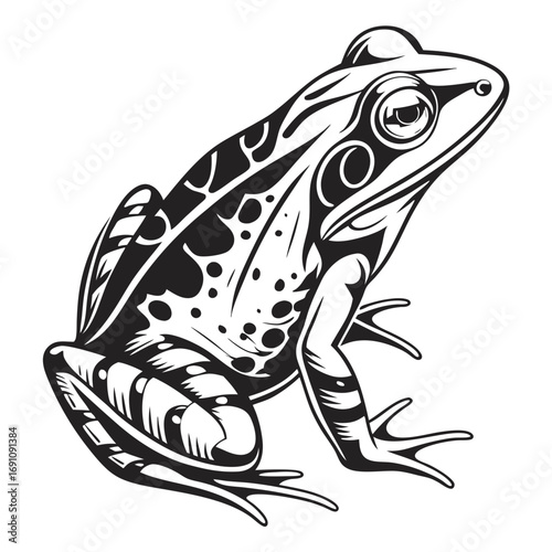 Stylized black and white frog illustration with tribal patterns