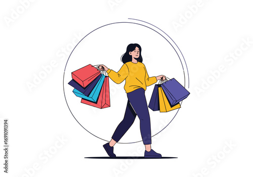 Woman happily walking with many shopping bags in a circle graphic