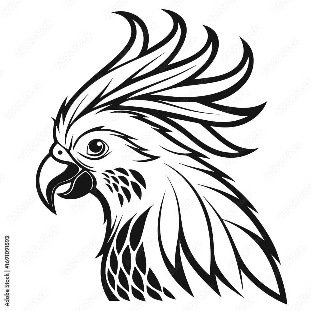 Fototapeta premium Stylized black and white illustration of a cockatoo head in profile