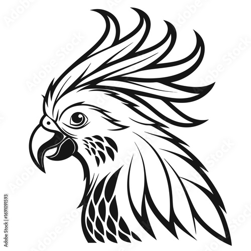 Stylized black and white illustration of a cockatoo head in profile