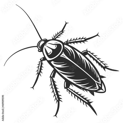 Stylized black and white illustration of a cockroach insect
