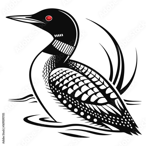 Stylized black and white loon with red eye on water