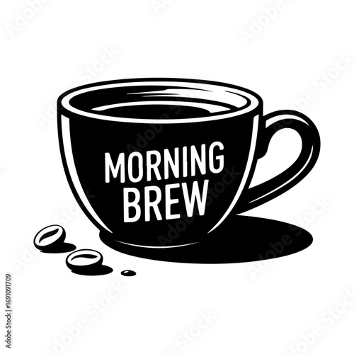 Black and white coffee cup with morning brew text and coffee beans on a white surface vector