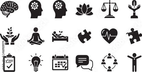 Mental Health and Wellness Icons Set – Mindfulness, Therapy, Balance, Self Care, Support, Healing, Lifestyle and Emotional Wellbeing Symbols