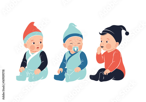 Three adorable baby boys wearing caps sitting together and looking in different directions