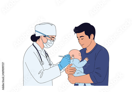 Doctor administering vaccination to a baby held by father