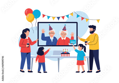 Family celebrates grandparents birthday via video call with cake balloons and party decorations