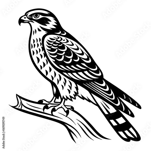 Stylized black and white illustration of a falcon perched on a branch