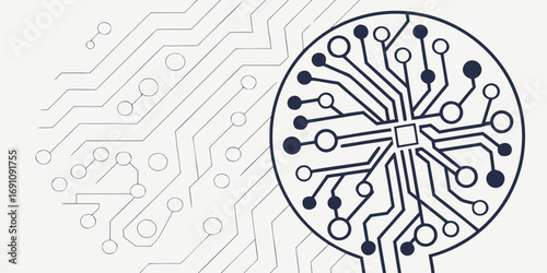 Illustration of a circuit board design with interconnected lines and circular nodes on a white background