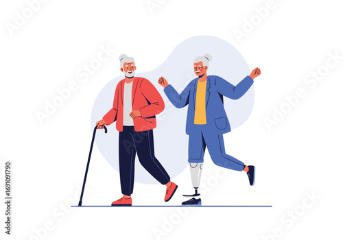 Elderly people walking together enjoying life with modern prosthetic technology