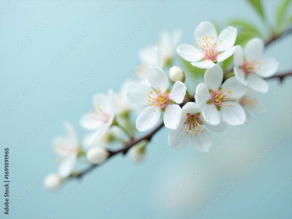 Fototapeta premium White Blossom Branch with Yellow Stamens Against a Soft Blue Gradient Background