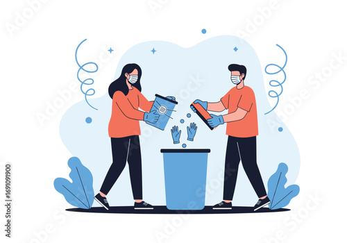 People wearing masks are throwing trash into a bin promoting recycling and waste management