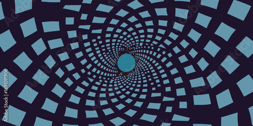 Abstract spiral tunnel illusion with blue squares on a dark purple background creating depth effect