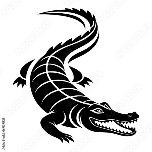 Stylized black alligator illustration with a curved tail and sharp teeth