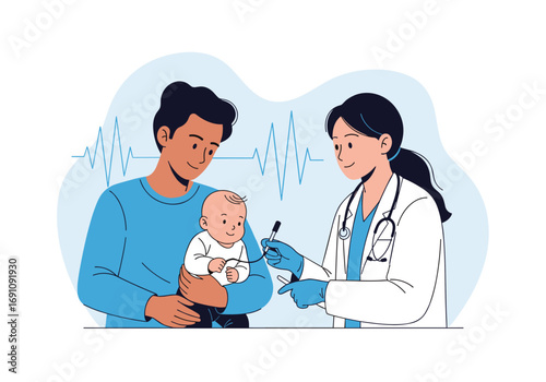 Pediatrician administering a vaccine to a baby held by its father during a medical checkup