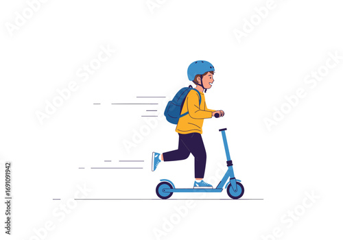 Young child rides electric scooter with backpack safety helmet and speed lines