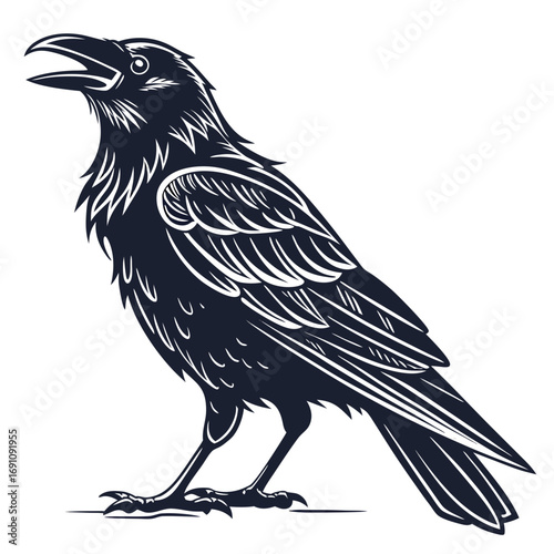 Stylized silhouette of a raven with an open beak on a white background