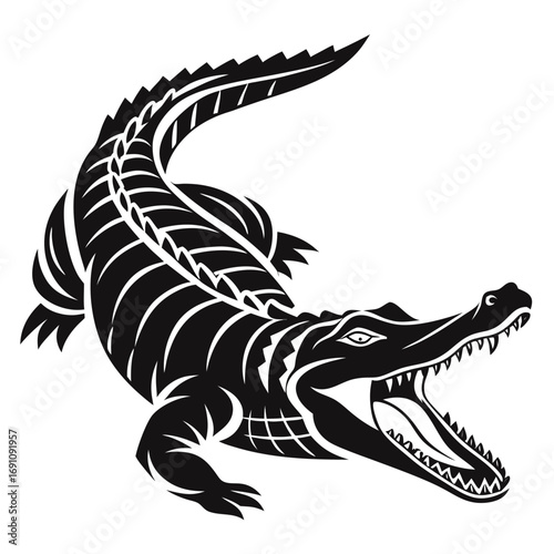 Stylized black silhouette of an aggressive alligator with open mouth