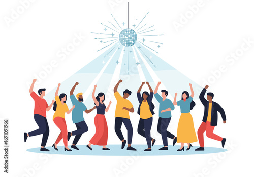 Diverse group of people dancing under a disco ball enjoying a fun celebration