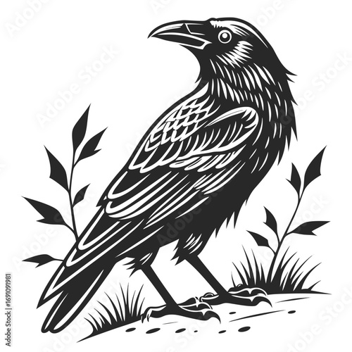 Stylized black raven perched on grass with leaves