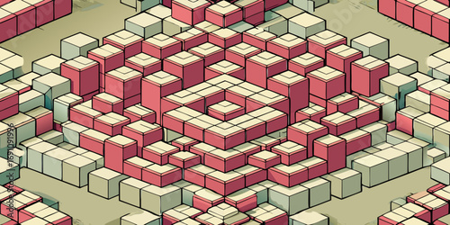 Isometric view of a complex arrangement of red and cream colored cubes forming a geometric pattern