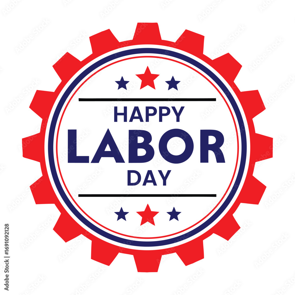 Obraz premium Happy labor day celebration with red white and blue gear emblem and stars