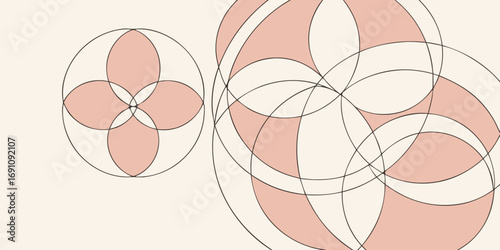 Geometric arrangement of overlapping circles creating flower like patterns in pink and white hues design