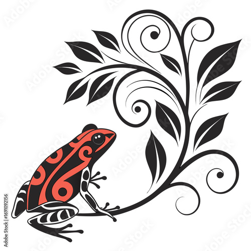 Stylized red and black frog perched on a decorative branch with leaves