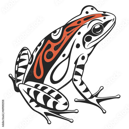 Stylized frog illustration with tribal patterns and orange accents