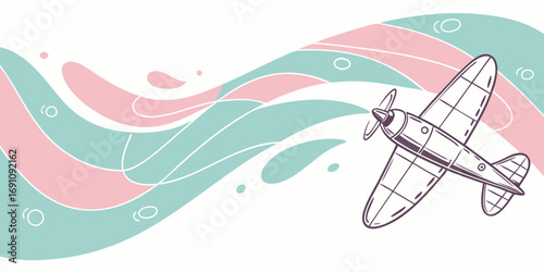 Vintage airplane flying through pastel colored sky with abstract shapes and circular design elements