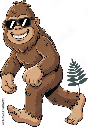 Cool cartoon Bigfoot character, walking Sasquatch mascot, smiling yeti with sunglasses, funny hairy creature illustration, wilderness legend, forest monster