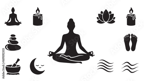 “Yoga Meditation and Wellness Icons Set – Relaxation, Spirituality, Mindfulness, Healing, Spa, and Peaceful Lifestyle Vector Symbols