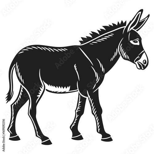 Black silhouette of a donkey standing on a white background