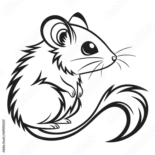 Cute cartoon mouse with a long curly tail in black and white outline