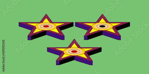 Three dimensional stars with yellow centers and purple edges on a light green background image scene